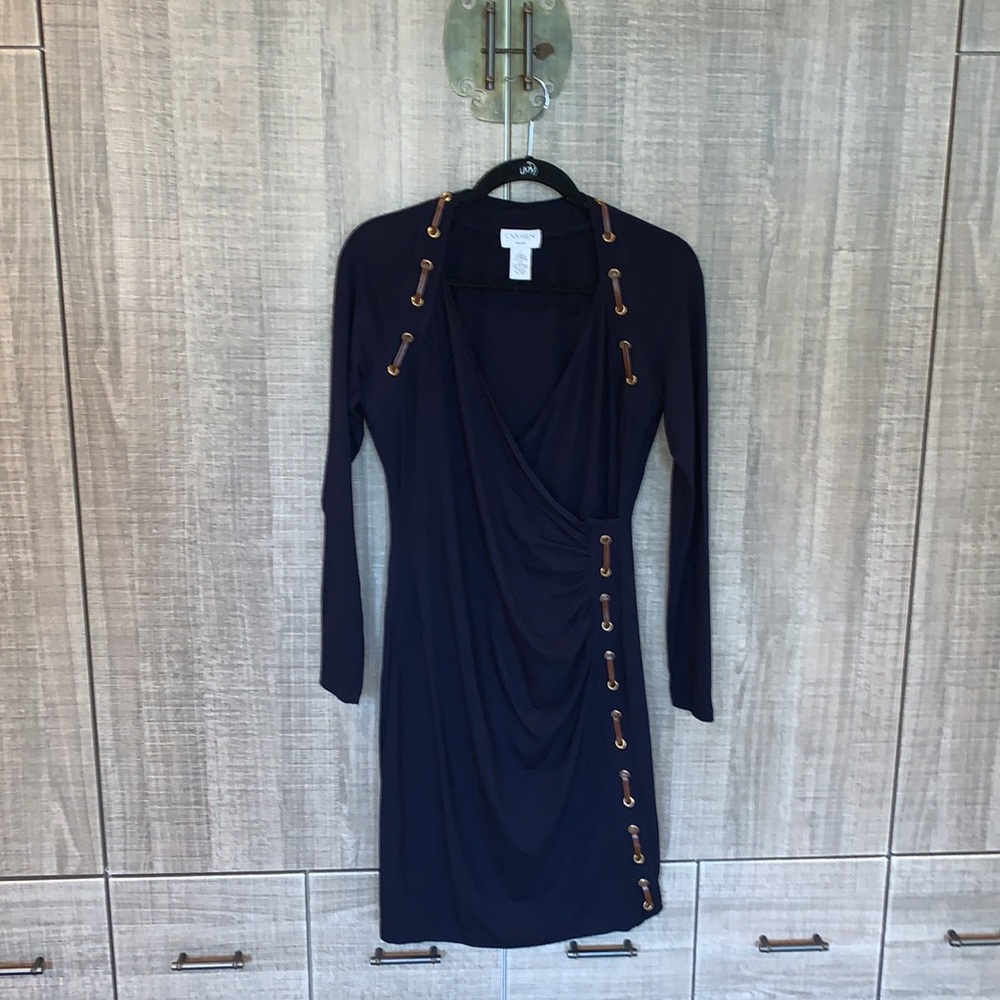 Carmen Marc Valvo Navy Long Sleeve Dress with Gold Accents